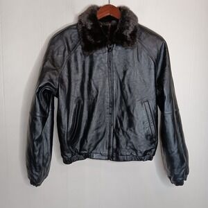 VTG Cerrucci Bomber Jacket M Black Genuine Lambskin Leather Faux Fur Lined Retro